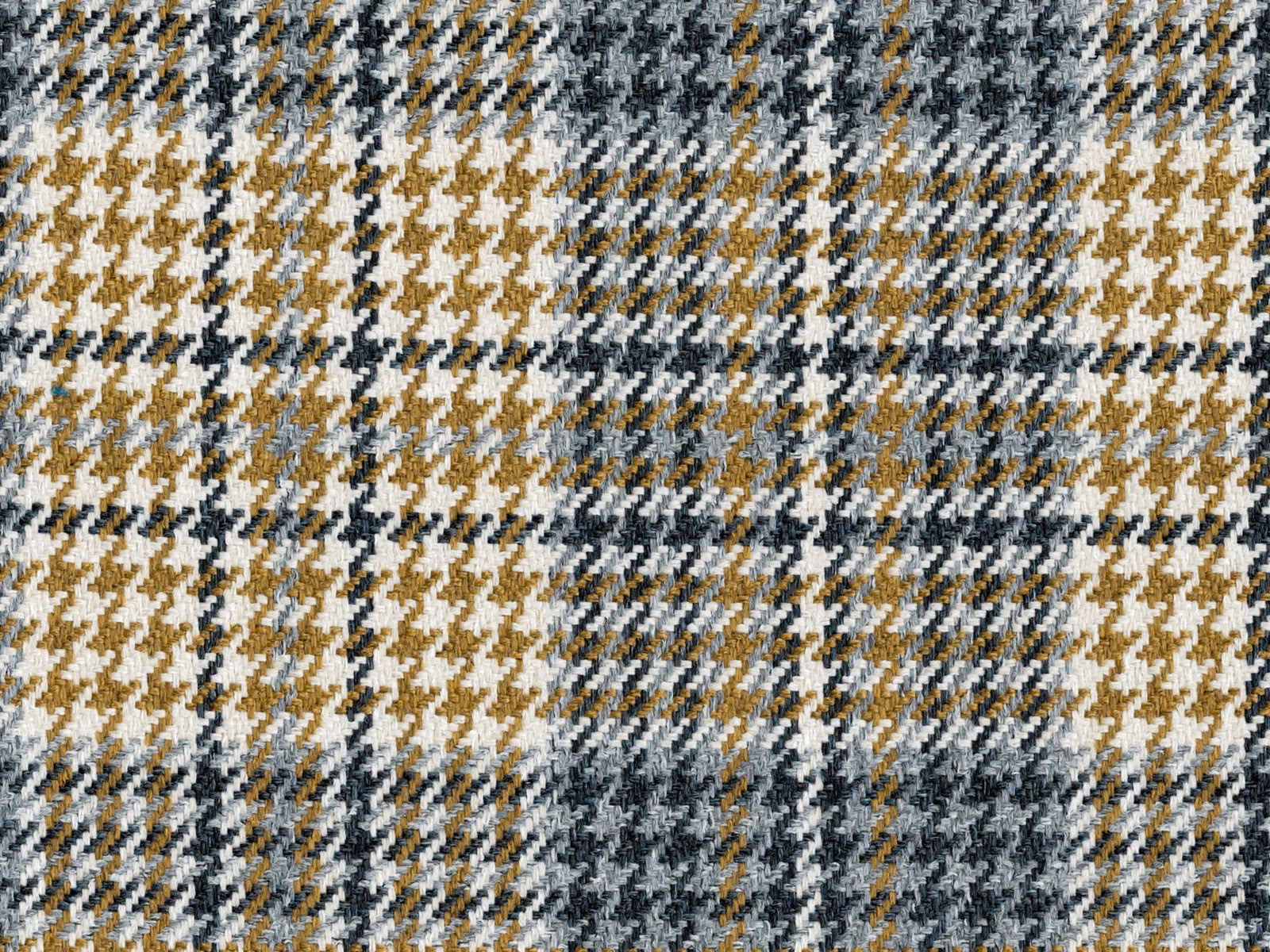 Cream, tan, charcoal and blue-grey broken-check flat weave fabric close-up