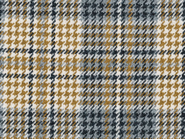 Cream, tan, charcoal and blue-grey broken-check flat weave fabric close-up