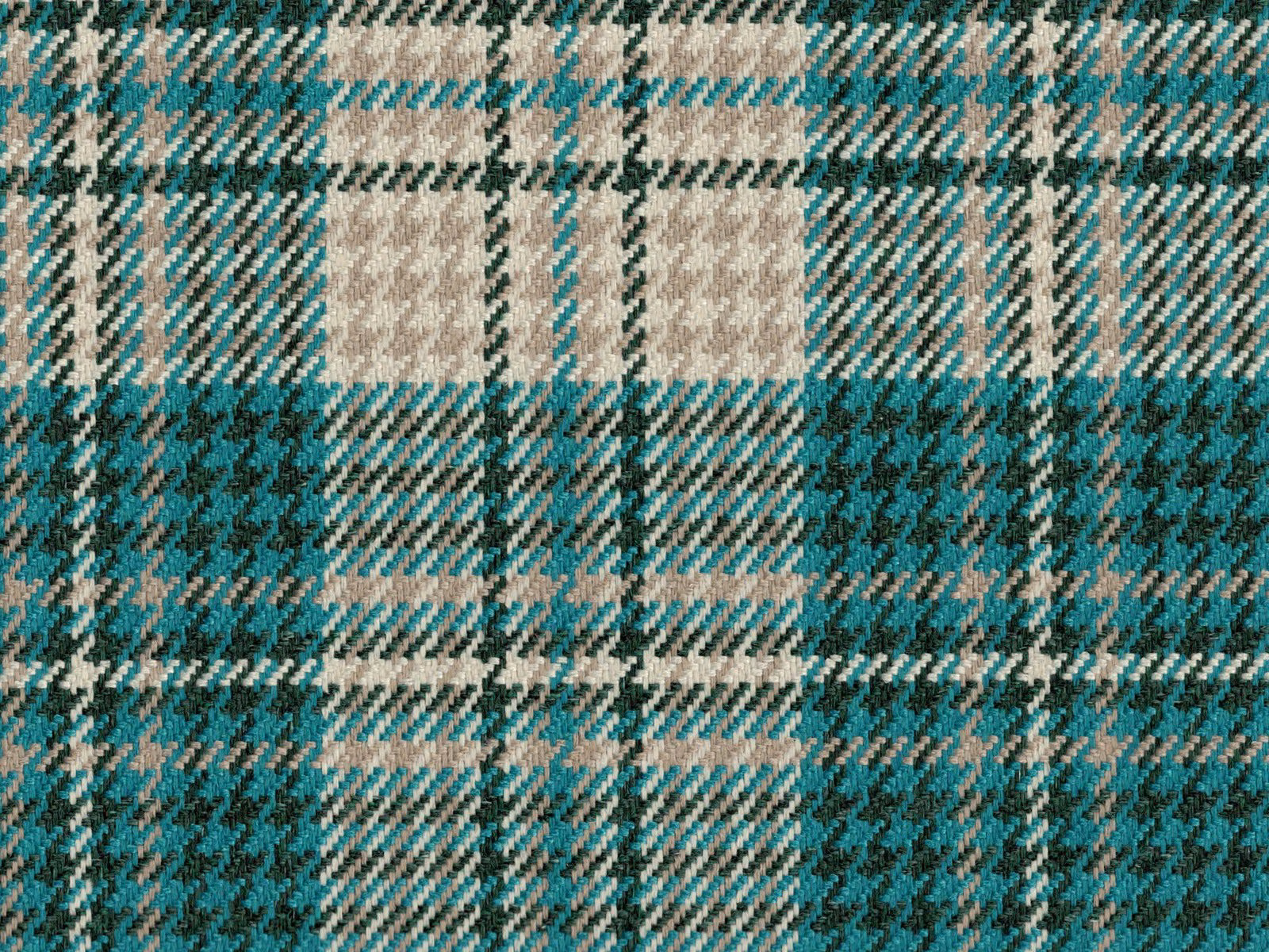 Deep teal, cream and charcoal checked flat weave with a textured diagonal yarn surface
