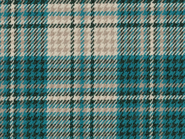 Deep teal, cream and charcoal checked flat weave with a textured diagonal yarn surface