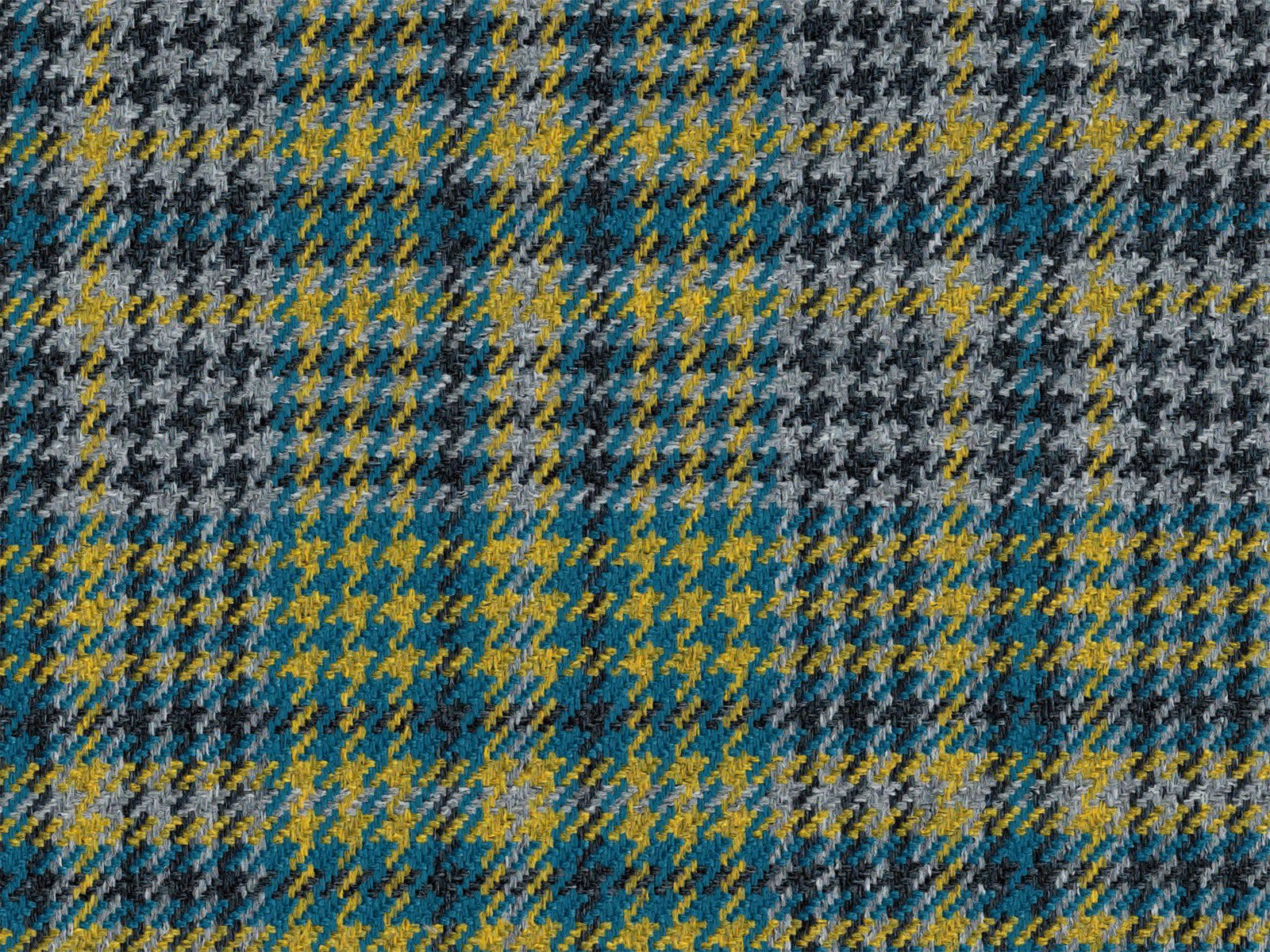 Teal, mustard, charcoal and cream irregular checked flat-weave fabric close-up