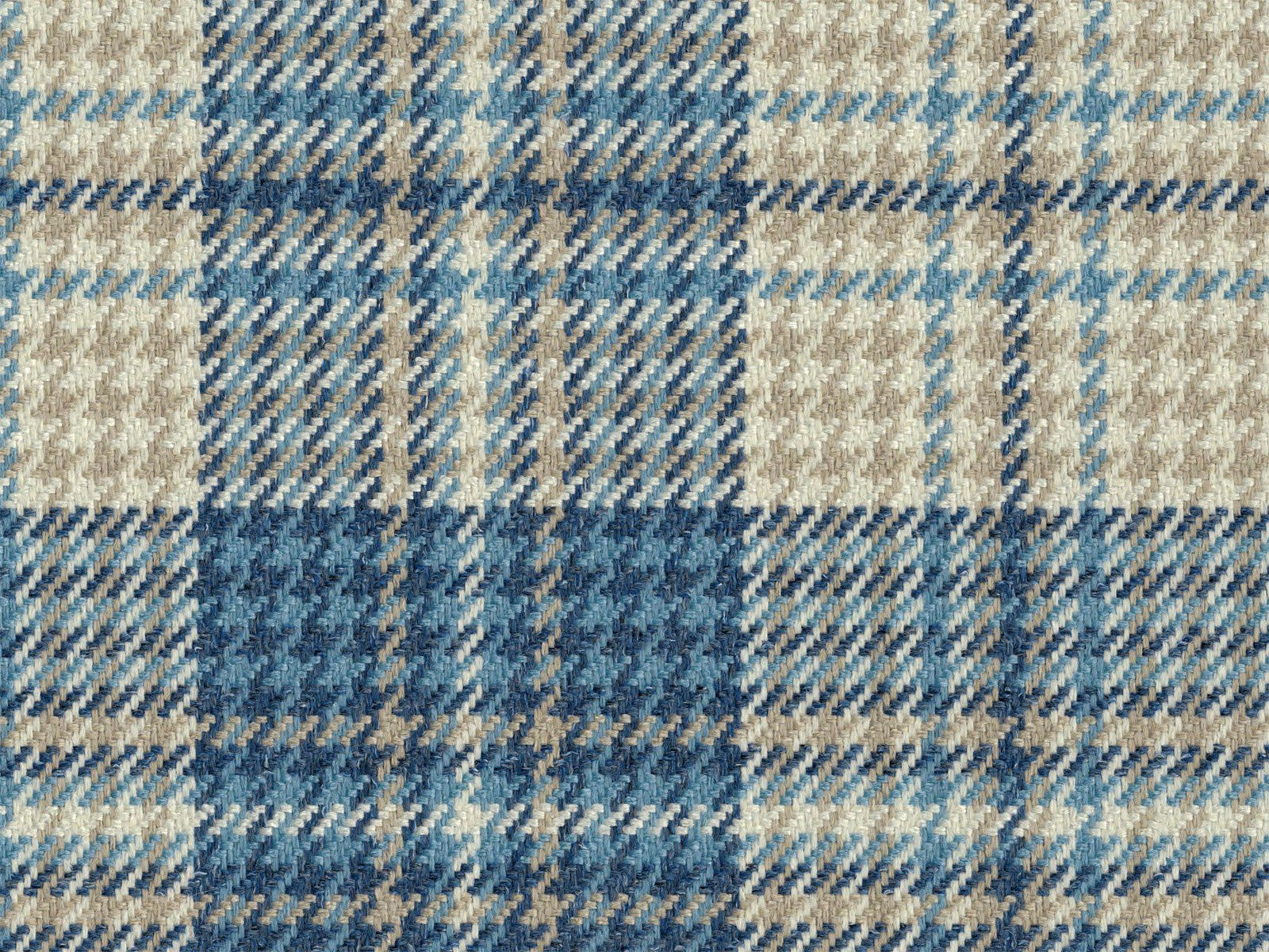 Muted blue, cream and taupe plaid with textured flat-woven checks