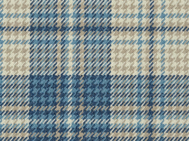 Muted blue, cream and taupe plaid with textured flat-woven checks