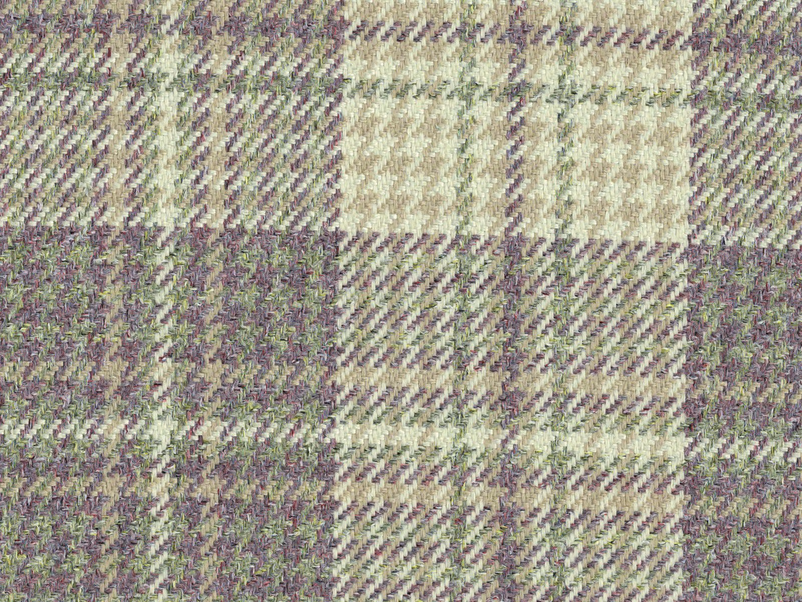 Close view of a sage, lilac and cream checked flat weave with mottled texture