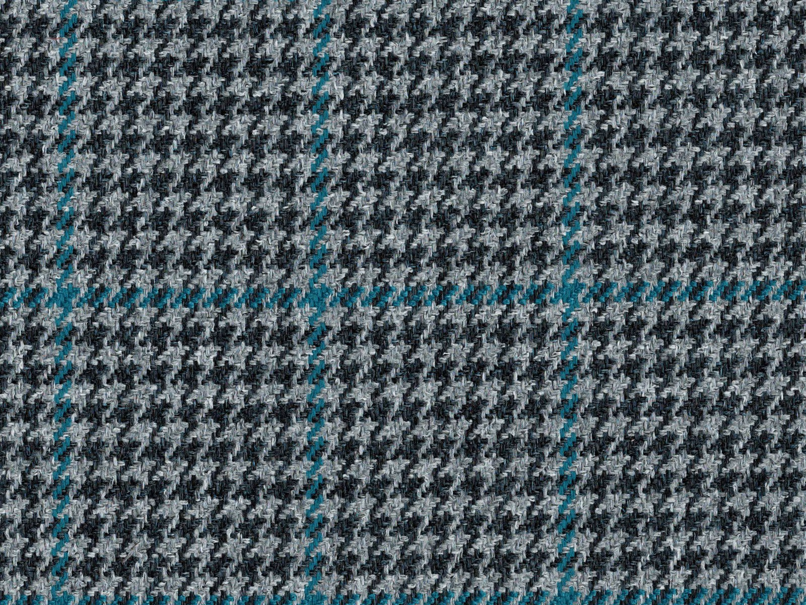 Charcoal grey textured check fabric with fine turquoise lines in a flat weave