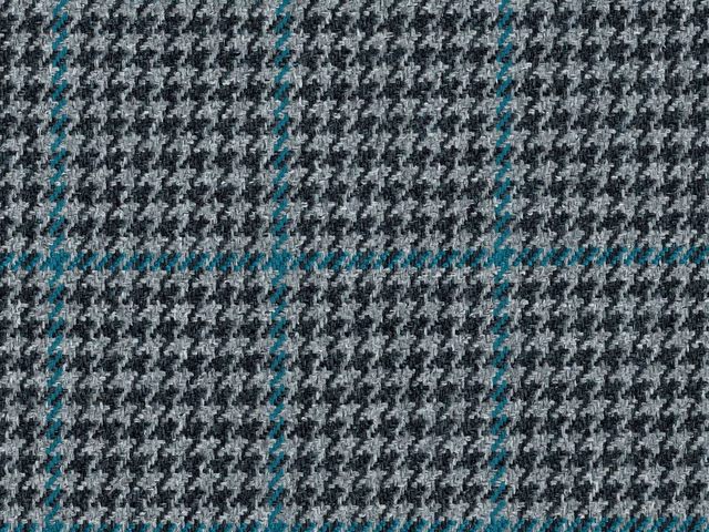 Charcoal grey textured check fabric with fine turquoise lines in a flat weave