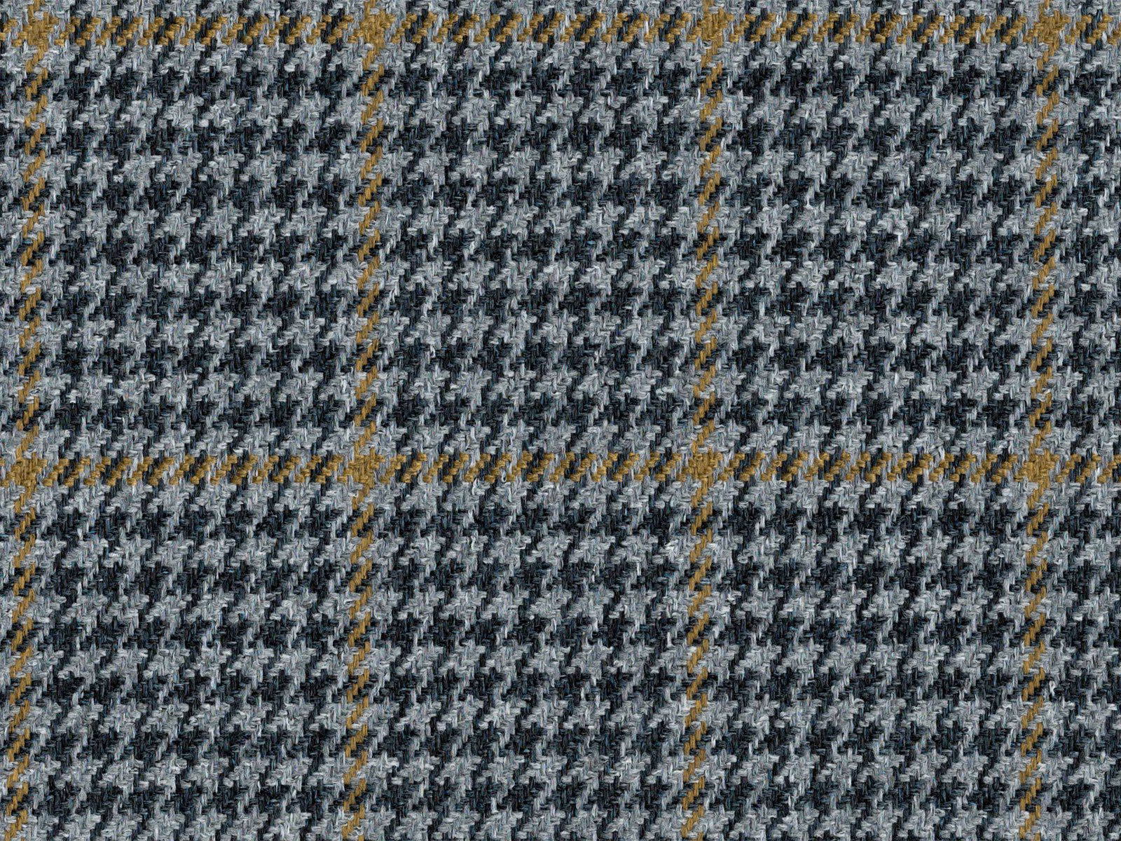 Charcoal grey and white textured check weave with narrow ochre stripes