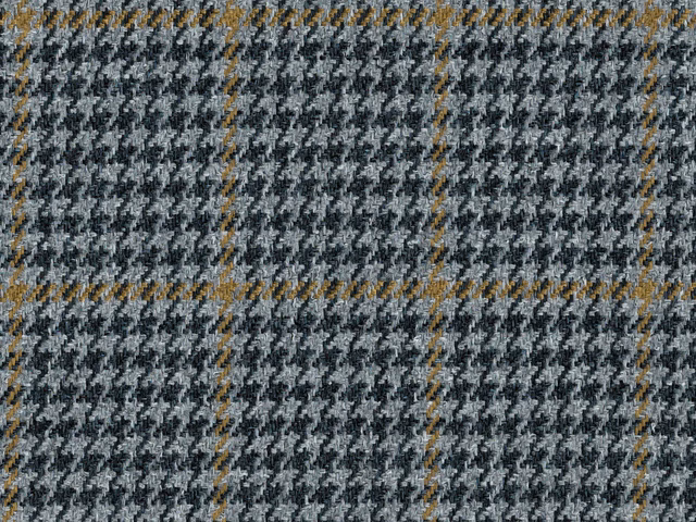 Charcoal grey and white textured check weave with narrow ochre stripes