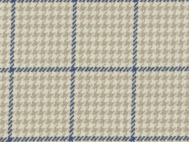 Warm beige flat-weave fabric with a textured blue windowpane check