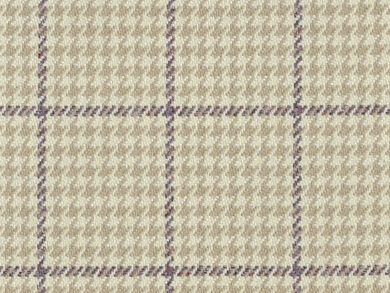 Oatmeal flat weave with lavender-grey windowpane checks and subtle herringbone texture