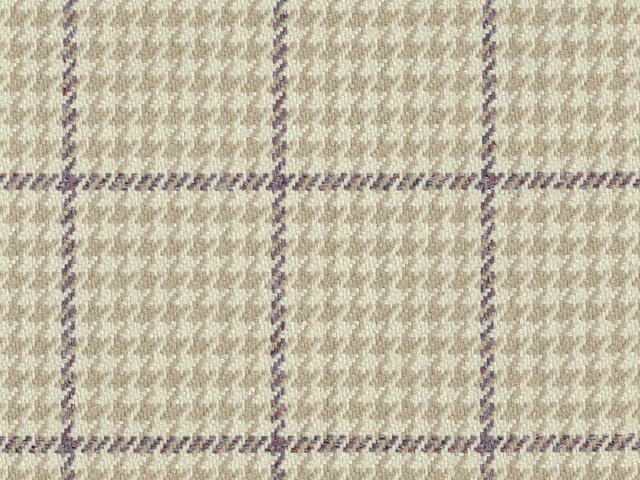 Oatmeal flat weave with lavender-grey windowpane checks and subtle herringbone texture