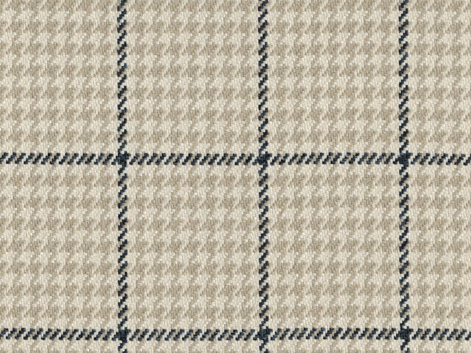 Warm taupe flat-weave check with charcoal grid lines and mottled texture