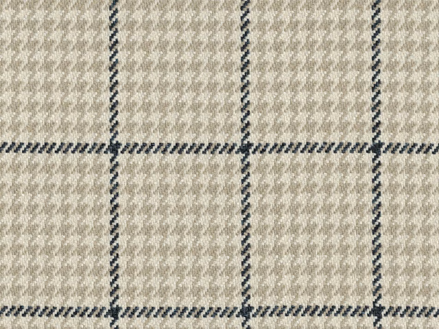 Warm taupe flat-weave check with charcoal grid lines and mottled texture