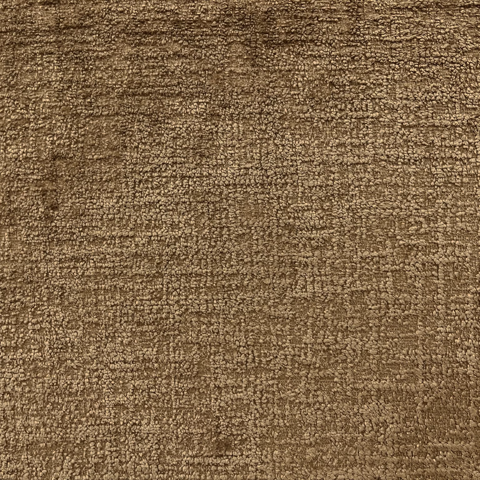 Warm mocha-taupe chenille with nubby horizontal texture and softly mottled brown weave