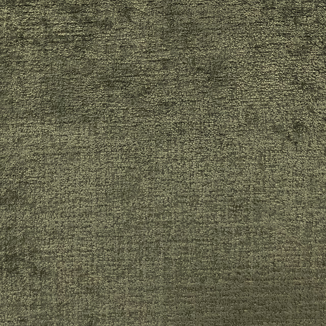 Close view of muted olive green chenille with a softly nubby, flecked weave