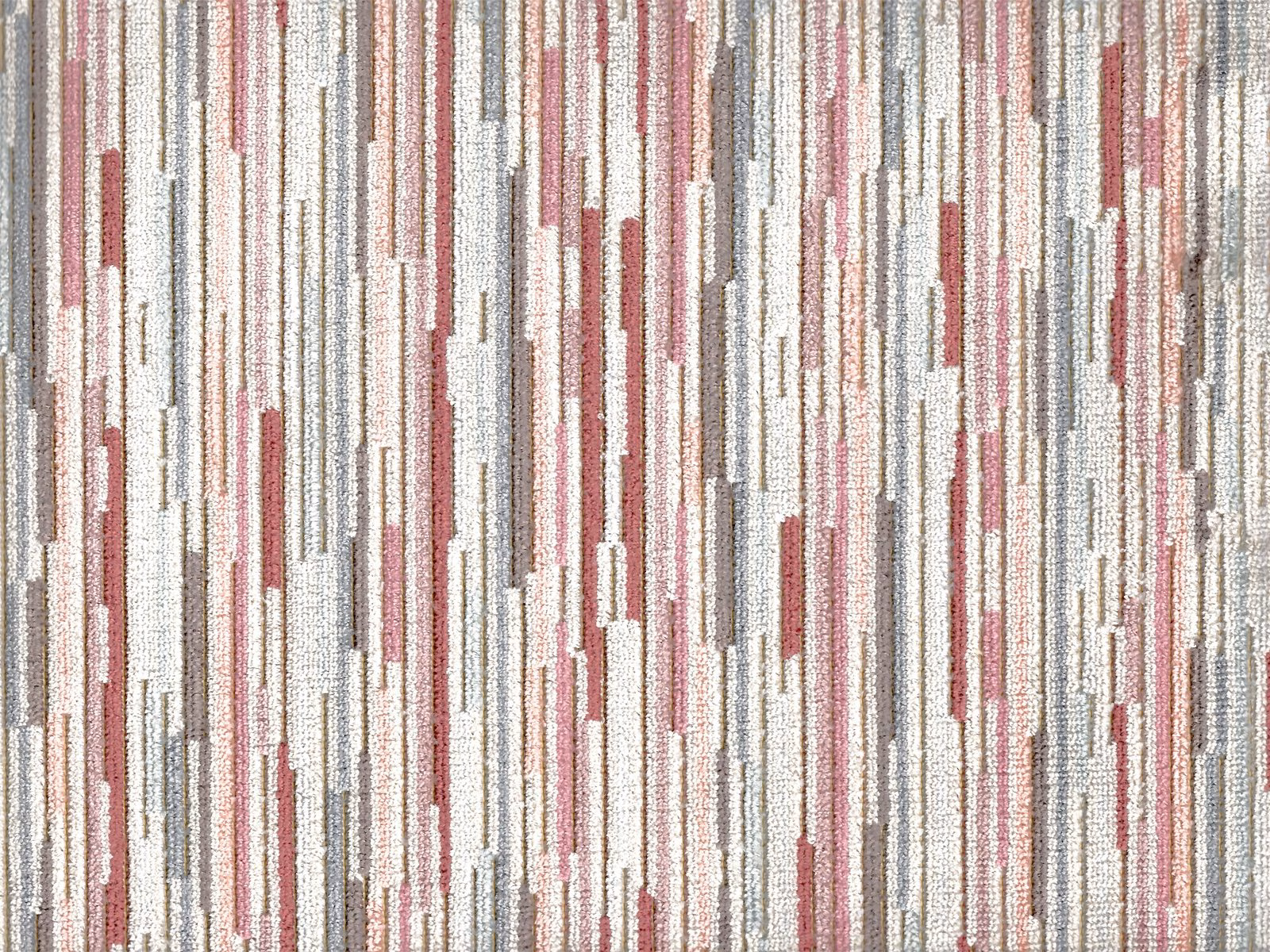 Ivory velvet with broken vertical bars in dusty rose, grey and taupe