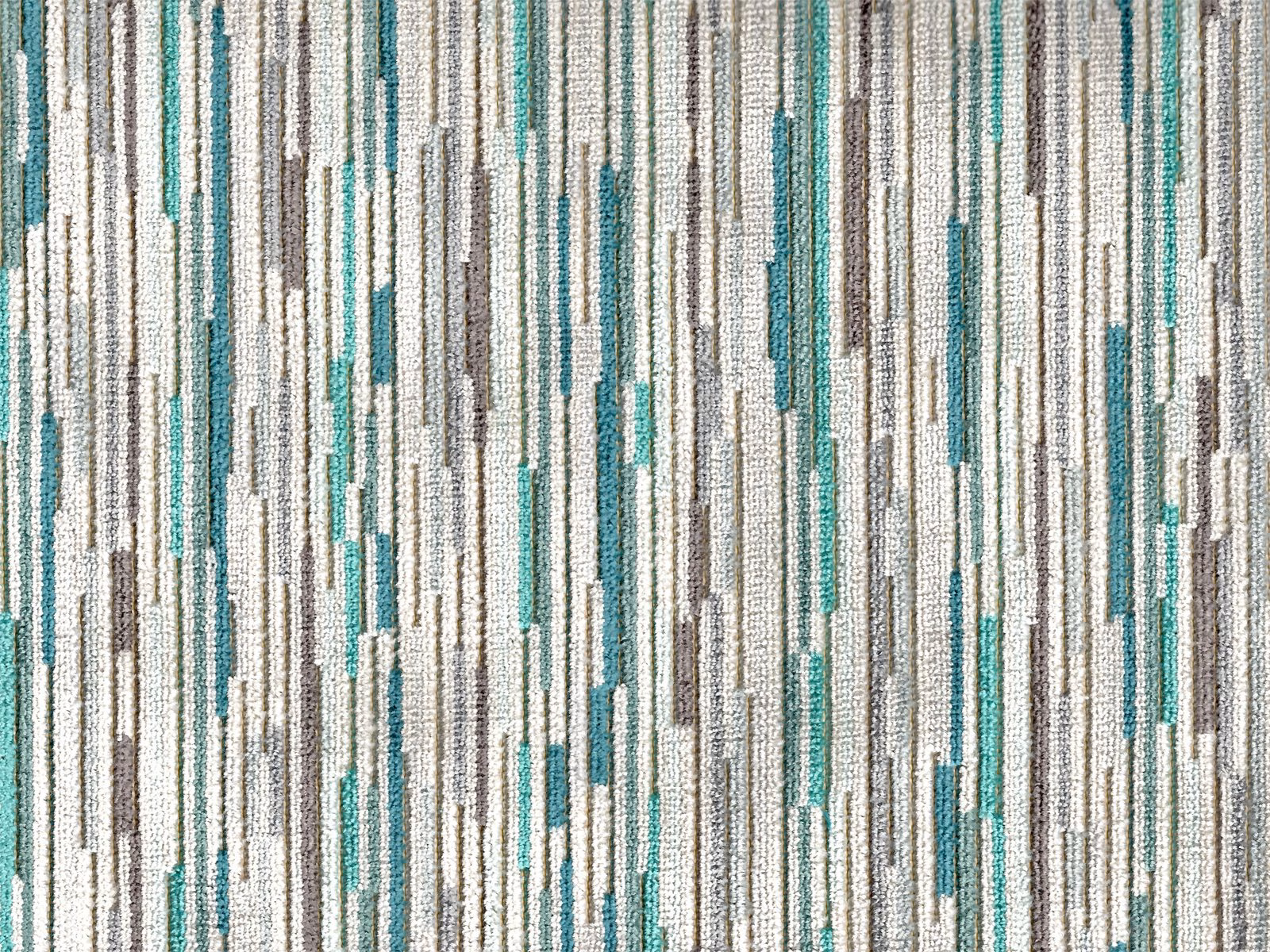 Teal, ivory, grey and taupe velvet with irregular vertical dash motifs