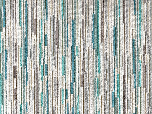 Teal, ivory, grey and taupe velvet with irregular vertical dash motifs