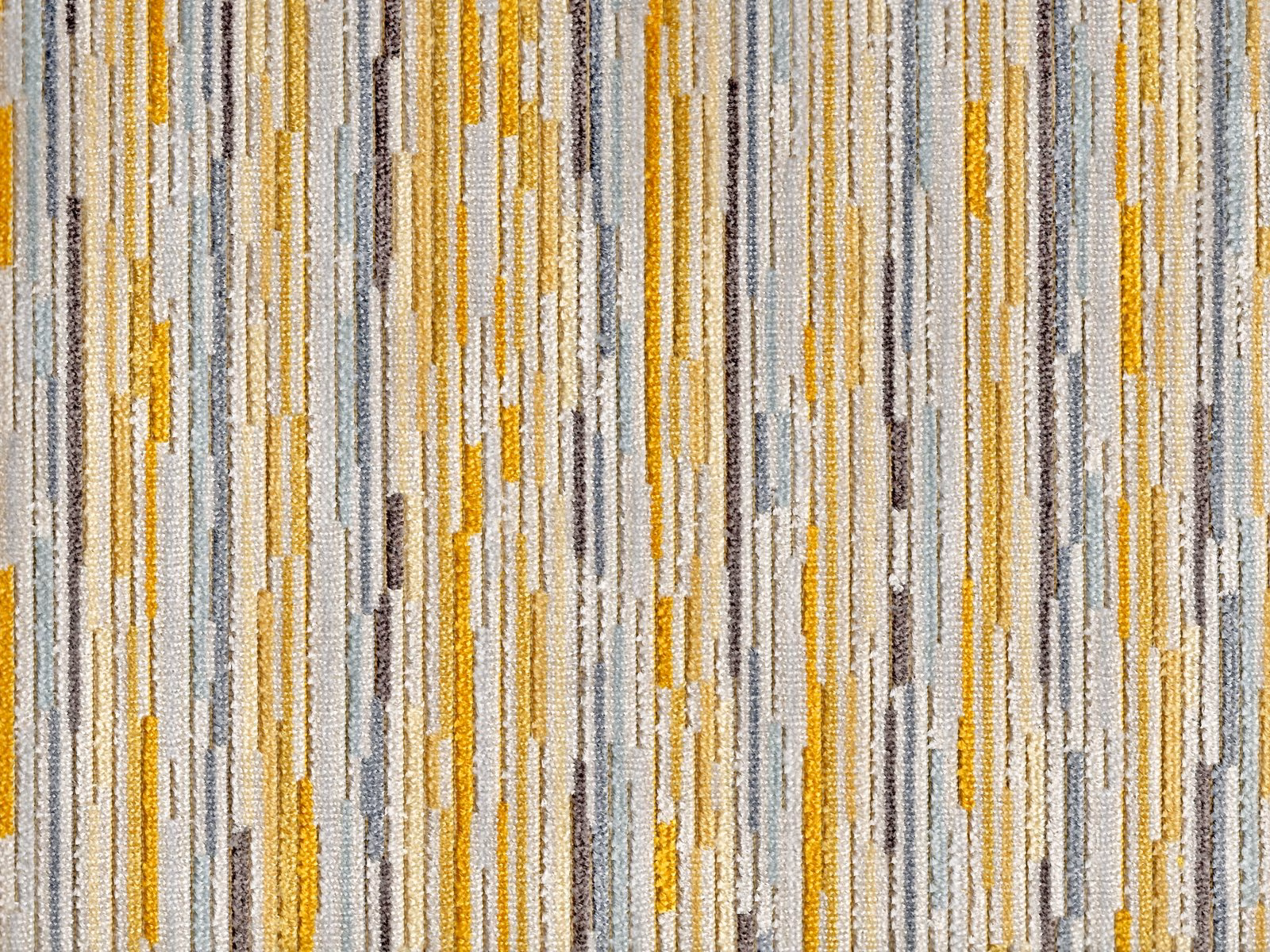 Cream velvet with broken mustard-gold and grey vertical dashes in a tactile weave