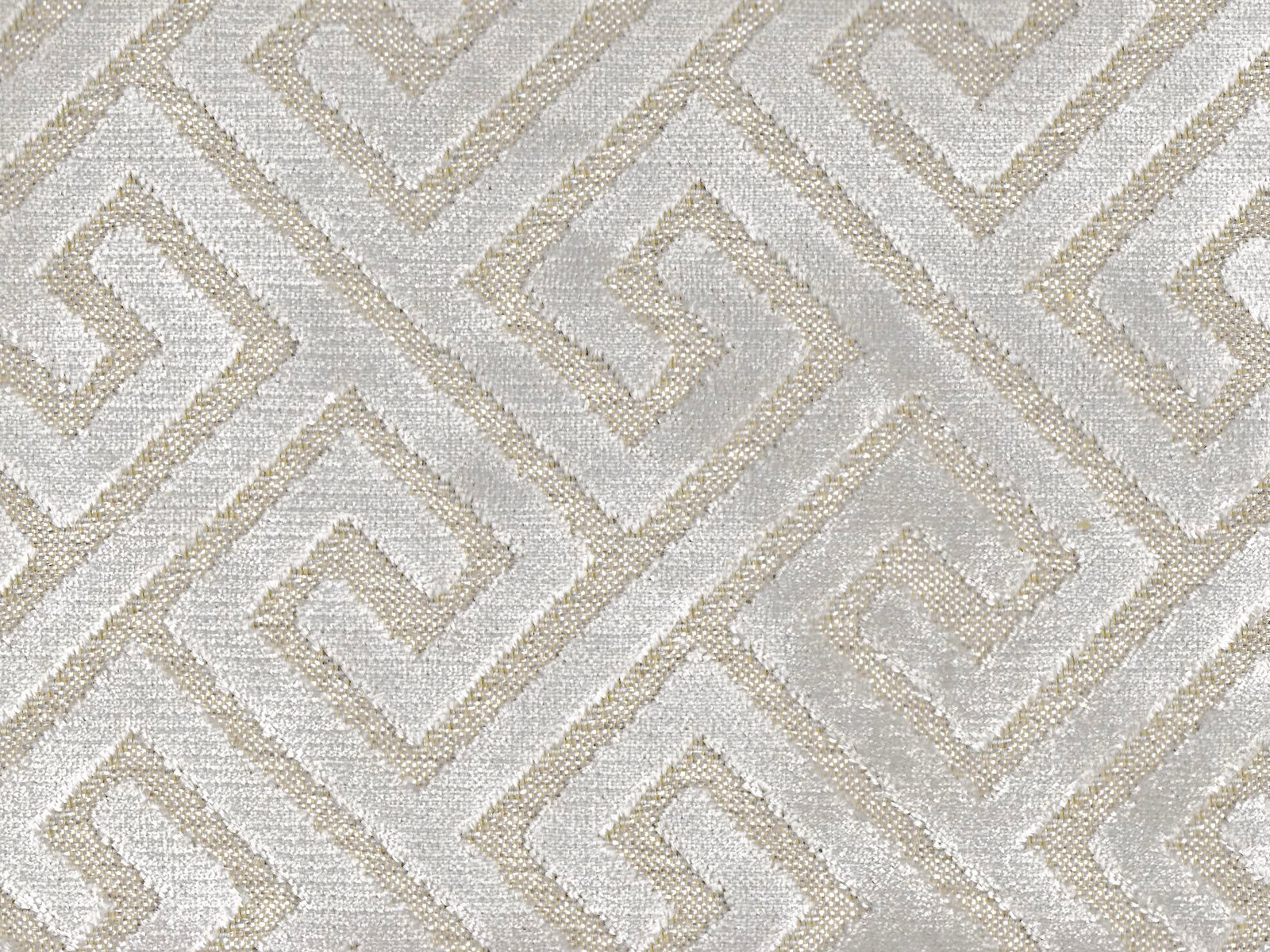 Pale ivory-grey velvet with warm beige angular maze lines and subtle sheen