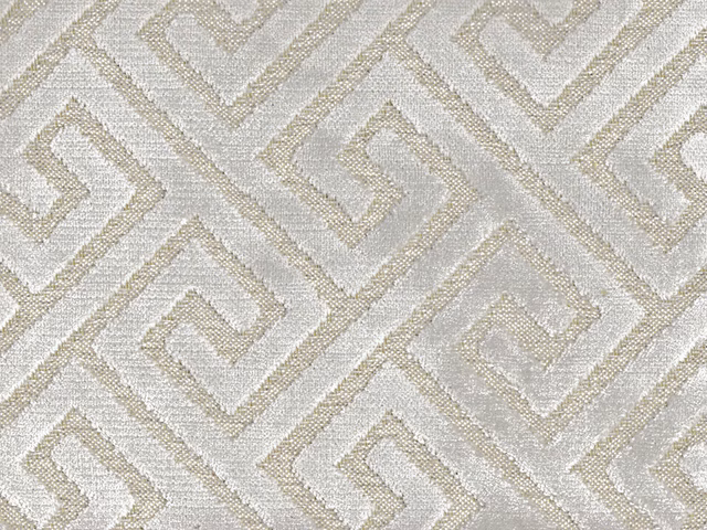 Pale ivory-grey velvet with warm beige angular maze lines and subtle sheen