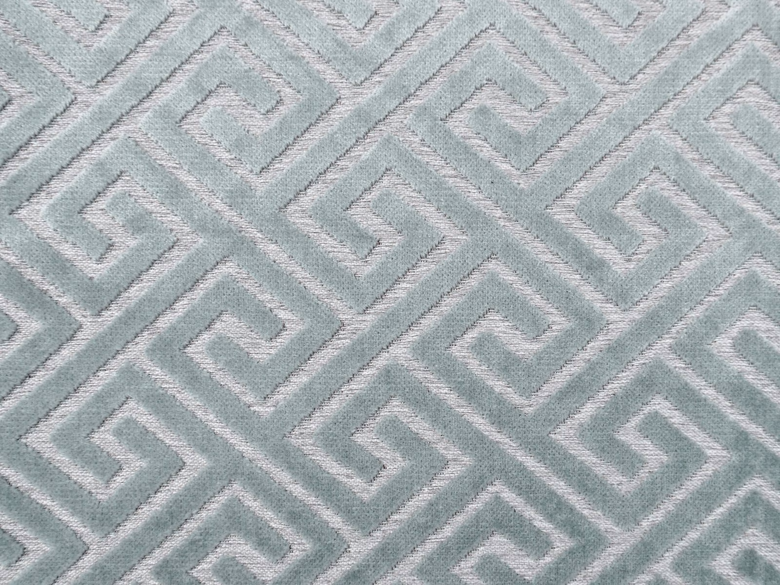 Pale seafoam teal velvet with raised interlocking Greek key motifs