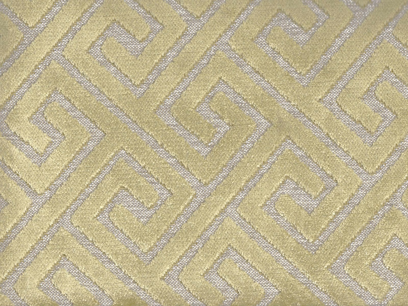 Muted olive velvet with silver-grey interlocking geometric maze motif and soft sheen