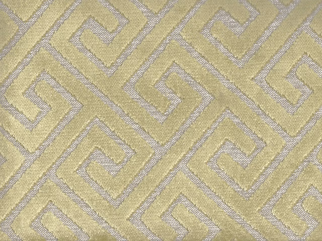 Muted olive velvet with silver-grey interlocking geometric maze motif and soft sheen