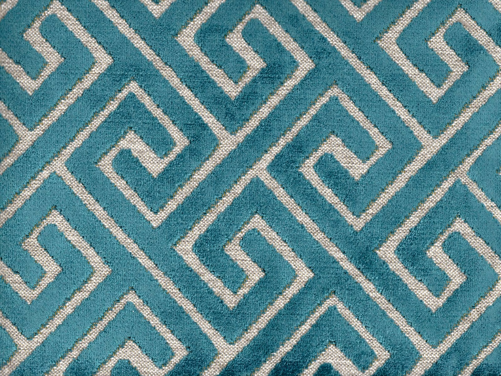 Turquoise velvet with ivory angular maze pattern and softly textured pile