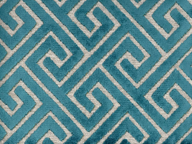 Turquoise velvet with ivory angular maze pattern and softly textured pile