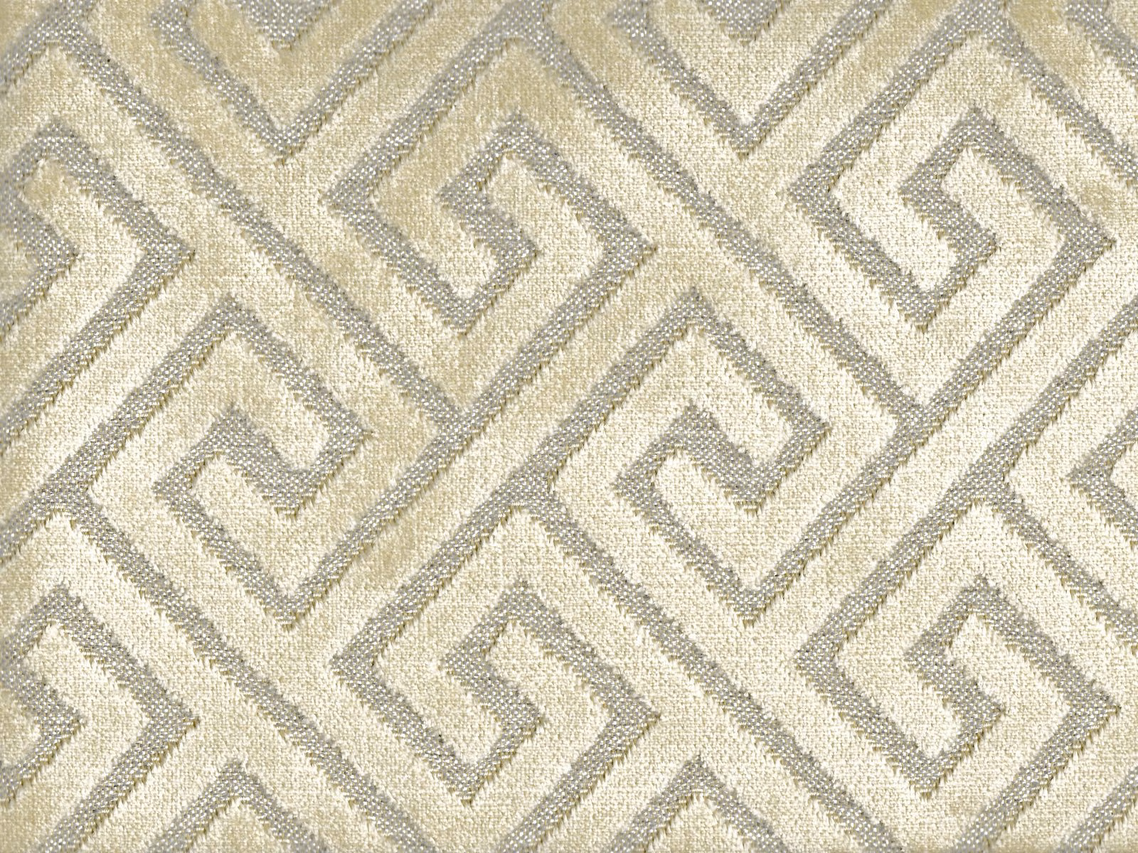 Ivory velvet with taupe-grey interlocking Greek-key motif and textured pile