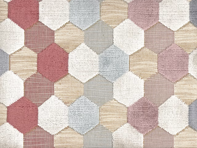 Muted rose, ivory, taupe and blue-grey hexagonal velvet with fine horizontal texture