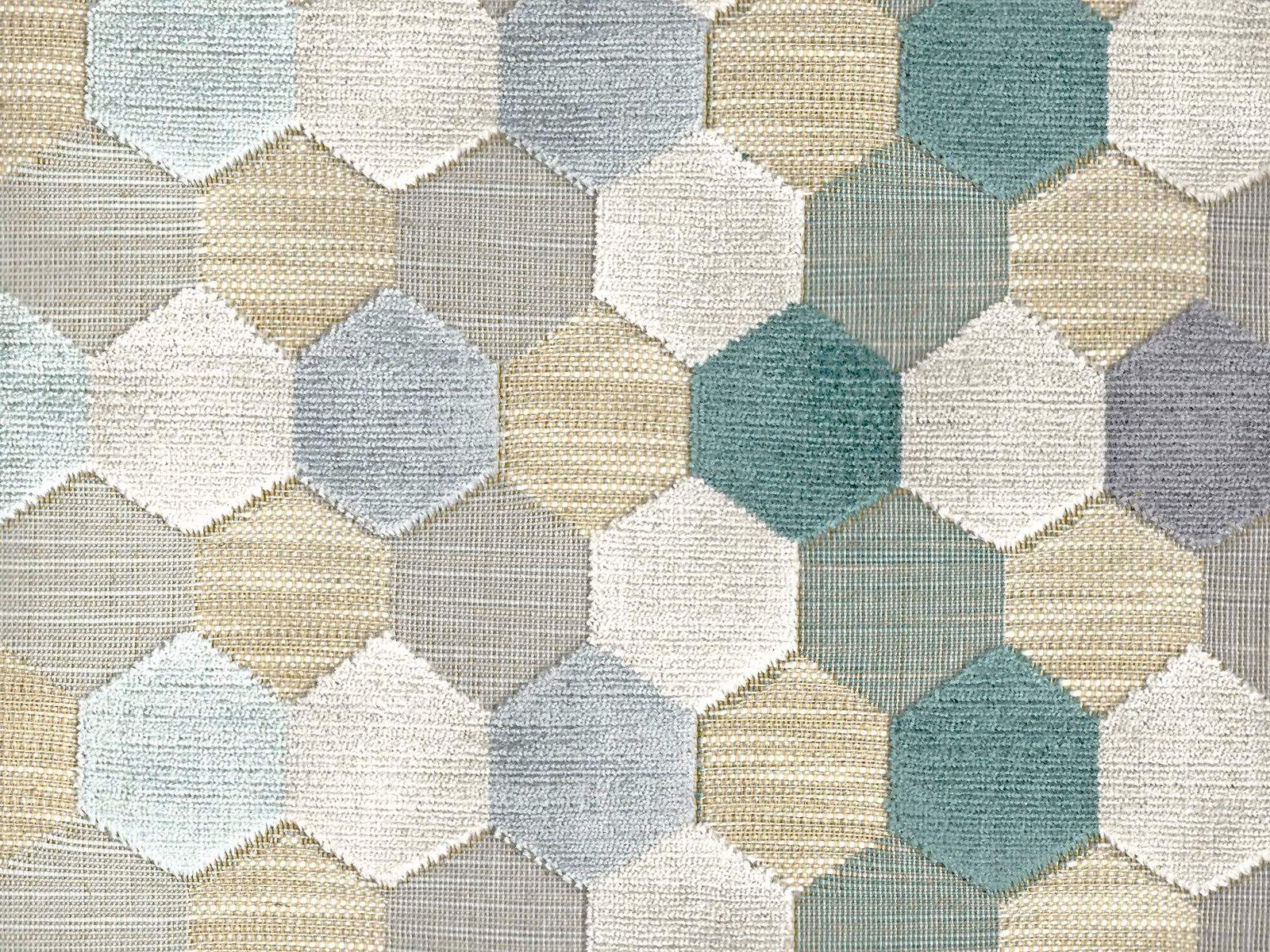 Teal, ivory and blue-grey hexagonal velvet with fine horizontal ribbed texture