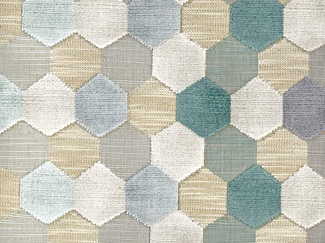 Teal, ivory and blue-grey hexagonal velvet with fine horizontal ribbed texture