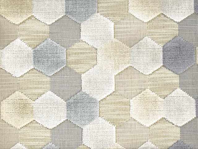 Pale cream, sage-grey and taupe interlocking hexagons with textured velvet surface