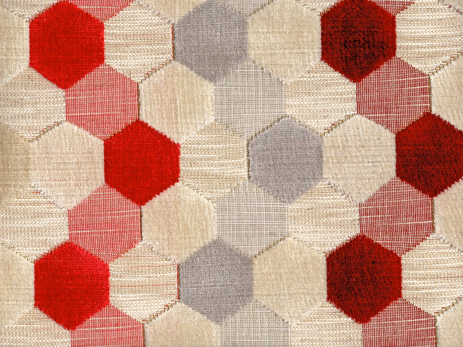 Cream velvet with red, blush pink and grey geometric hexagons