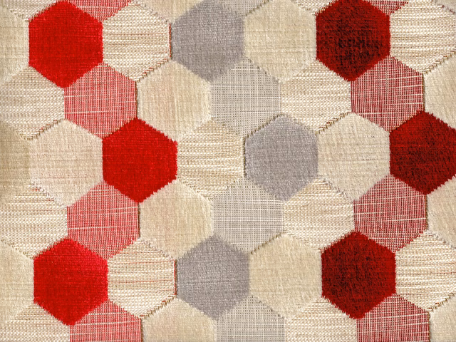 Cream velvet with red, blush pink and grey geometric hexagons