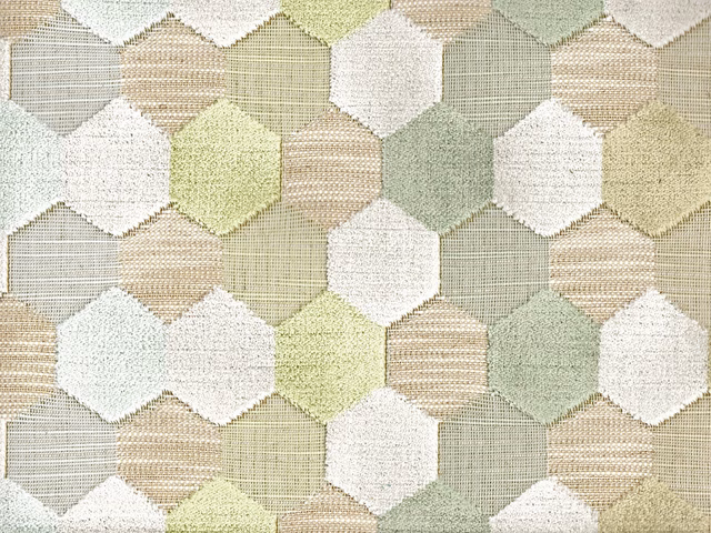 Muted sage, cream, taupe and grey hexagons on textured velvet