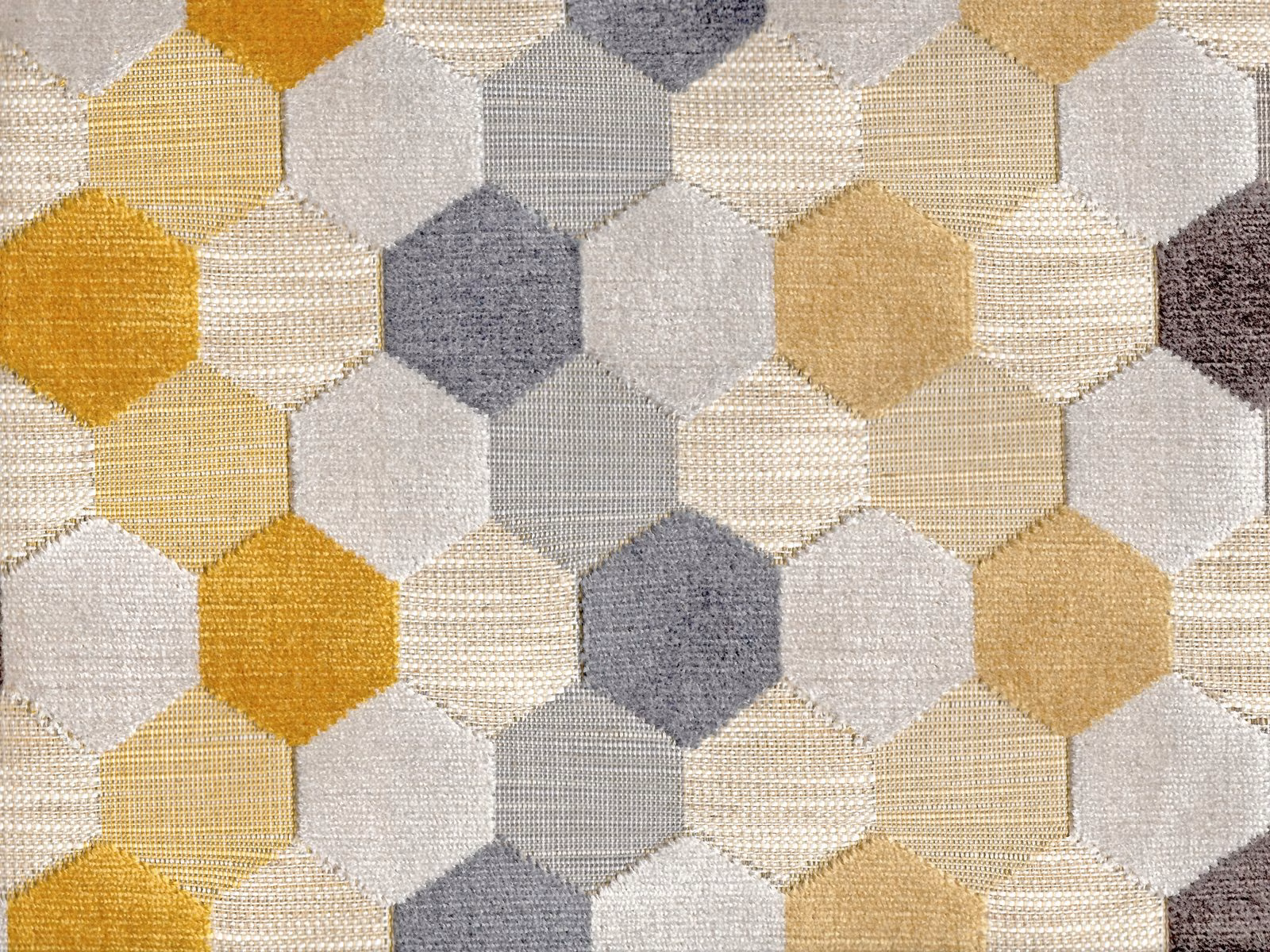 Cream, ochre, grey and taupe geometric velvet with interlocking textured shapes