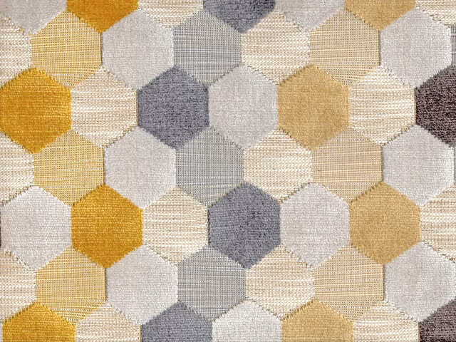 Cream, ochre, grey and taupe geometric velvet with interlocking textured shapes