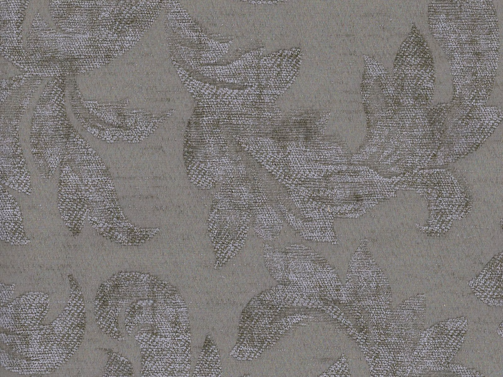 Cool mushroom-taupe chenille with oversized tonal botanical leaves and scrolling forms
