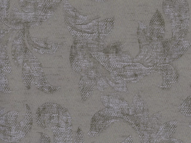Cool mushroom-taupe chenille with oversized tonal botanical leaves and scrolling forms