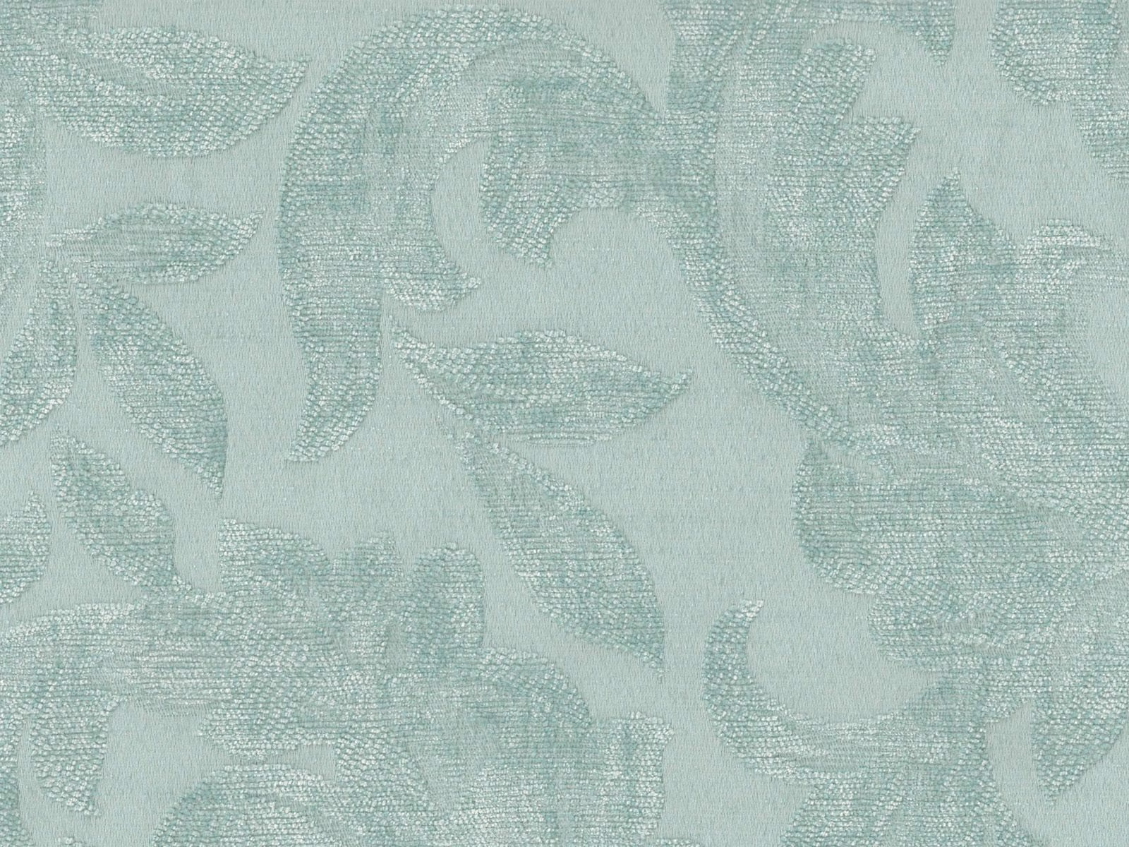 Pale seafoam chenille with tonal aqua leaf motifs and a finely textured weave