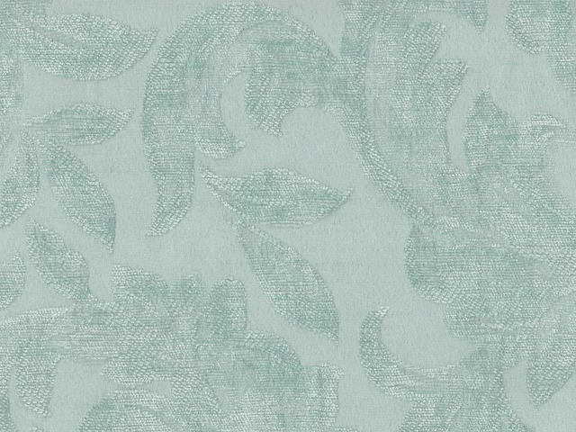 Pale seafoam chenille with tonal aqua leaf motifs and a finely textured weave