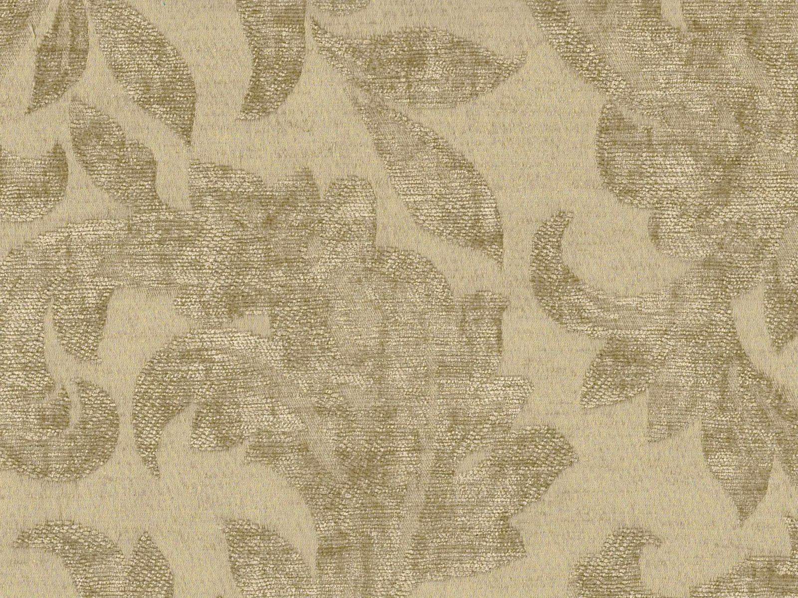 Muted taupe chenille with oversized leafy silhouettes and a softly nubby weave