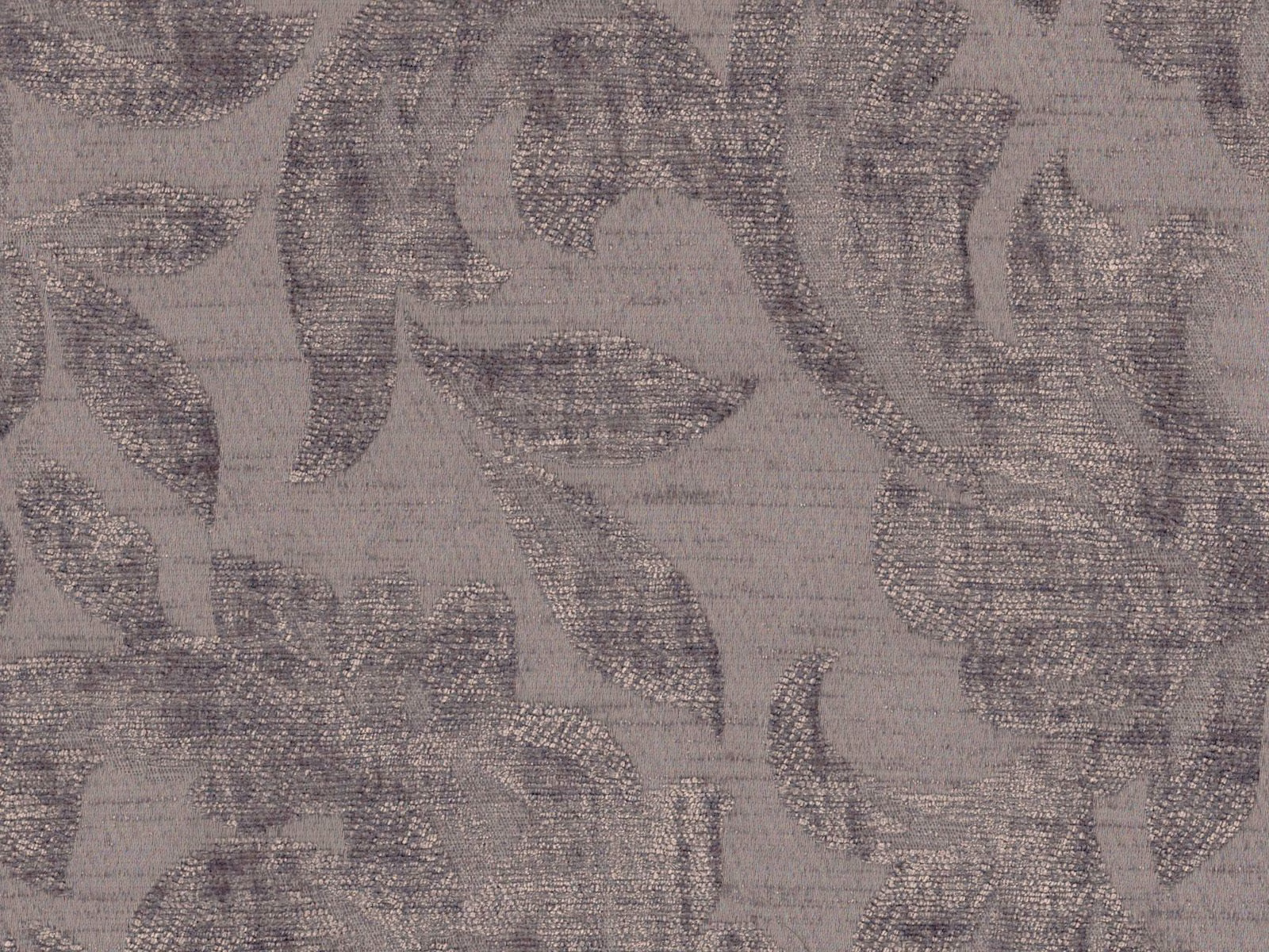 Taupe-grey chenille with charcoal abstract leaf motifs and a softly nubby woven texture