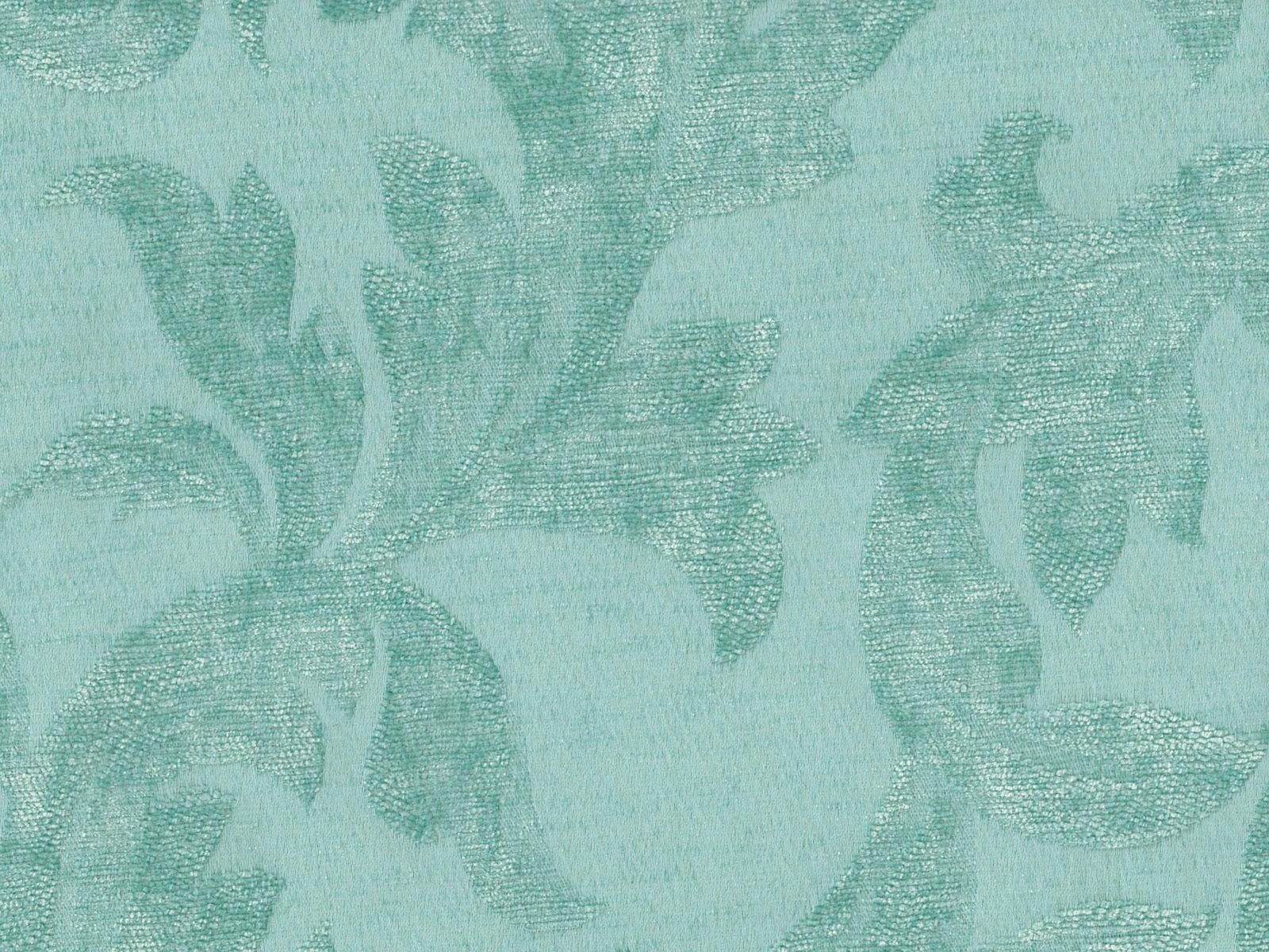 Pale mint-aqua chenille with tonal seafoam leafy botanical motifs and woven texture