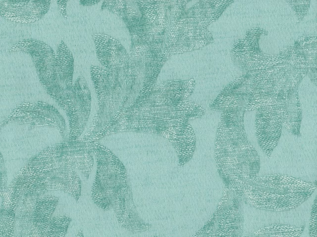 Pale mint-aqua chenille with tonal seafoam leafy botanical motifs and woven texture
