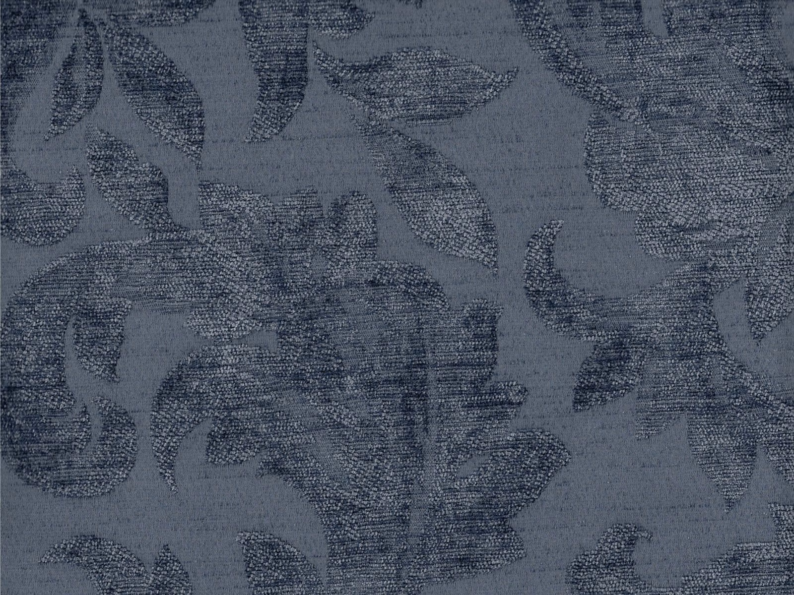 Slate blue-grey chenille with large tonal abstract leafy motifs and textured woven detail