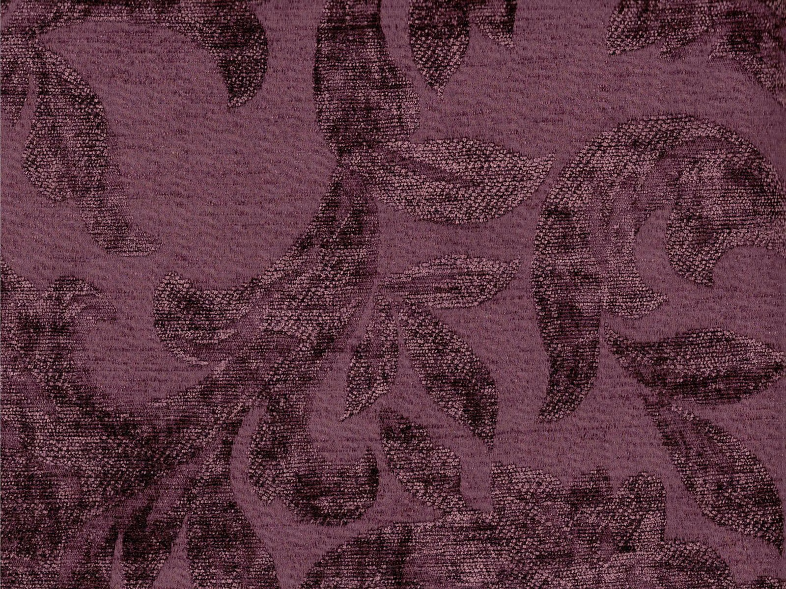 Dusky plum chenille with large dark scrolling leaves and a visibly textured weave